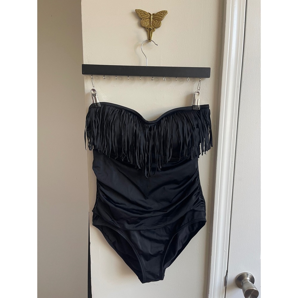 Swimsuits For All Black Fringe Ruched Bandeau One Piece Swimsuit 12 66-0225-4